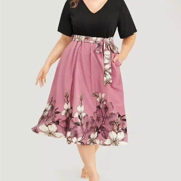 BloomChic Floral Patchwork Dusty Pink Belted Midi Dress w/pockets NWT 18-20 - Picture 1 of 10